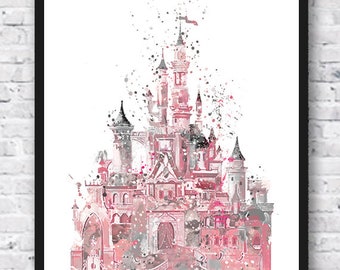 Pink Castle Watercolor Print, Castle Art, Colorful Poster, Princess Art, Nursery Decor, Girls Room Decor, Kids Room Decor, Wall Art -568-6