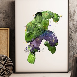 May include: A watercolor painting of the Hulk, a green superhero, in a dynamic pose. The image is filled with colorful splatters of paint, creating a vibrant and energetic feel.