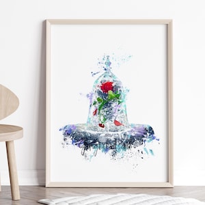 Impresión en acuarela de La Bella y la Bestia, Bella, arte de Disney, rosa roja, póster de película, decoración de guardería, decoración del hogar, arte de pared, decoración de habitación de niños - 721