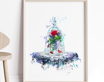 May include: A watercolor painting of a single red rose encased in a glass dome. The rose is surrounded by blue and purple watercolor splatters. The text "Beauty and the Beast" is written in a cursive font below the dome.