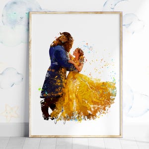 Impresión en acuarela de La Bella y la Bestia, Bella, póster de película, arte infantil, baile, decoración de habitación infantil, arte de pared, decoración del hogar - 725