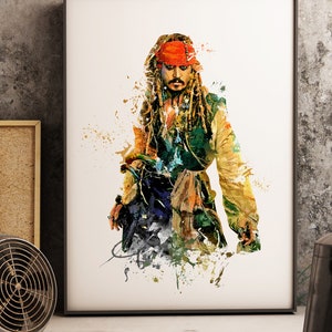May include: A watercolor painting of a pirate character with long dreadlocks, wearing a red bandana and a brown and green jacket. The background is a white canvas with splashes of color.