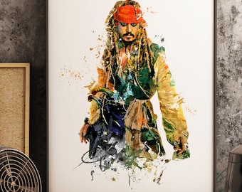 Jack Sparrow, Aquarelle, Pirates des Caraïbes, Johnny Depp, Pirate, Tirage d’art, Affiche de film, Art mural, Décoration intérieure, Décoration de chambre pour enfants -765
