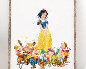 Snow White and Seven Dwarfs Watercolor Print, Art Print, Princess, Movie Poster, Nursery Decor, Wall Art, Kids Room Decor, Home Decor - 821