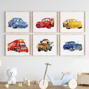 Autos, acuarela, impresión artística, Rayo McQueen, Mater, Sally, Doc Hudson, Mack, Cruz Ramírez, arte de pared, decoración de habitación infantil, guardería