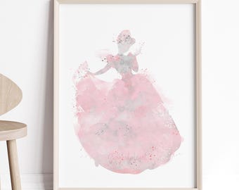 Cinderella Watercolor Art Print: Pink & Gray Duotone Nursery Decor