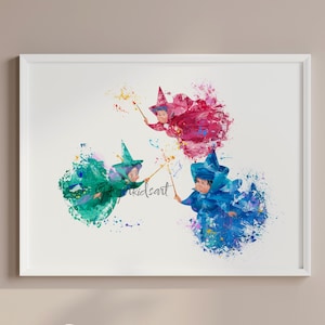 Fairy Godmother, Flora Fauna Merryweather, Sleeping Beauty, Princess Aurora, Marraine, Watercolor, Art Print, Nursery Decor, Wall Art - 694