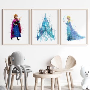 Frozen, Acuarela, Lámina artística, Princesa, Elsa, Castillo de Frozen, Anna, Olaf, Kristoff, Póster de película, Decoración infantil, Decoración de habitación infantil, Arte mural
