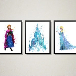 Frozen, Watercolor, Art Print, Princess, Elsa, Frozen Castle, Anna, Olaf, Kristoff, Movie Poster, Nursery Decor, Kids Room Decor, Wall Art