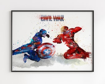 Avengers Civil War Watercolor Print: Iron Man vs Captain America