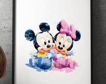 ベビーミッキーとミニーの水彩画アートプリント：子供部屋の装飾