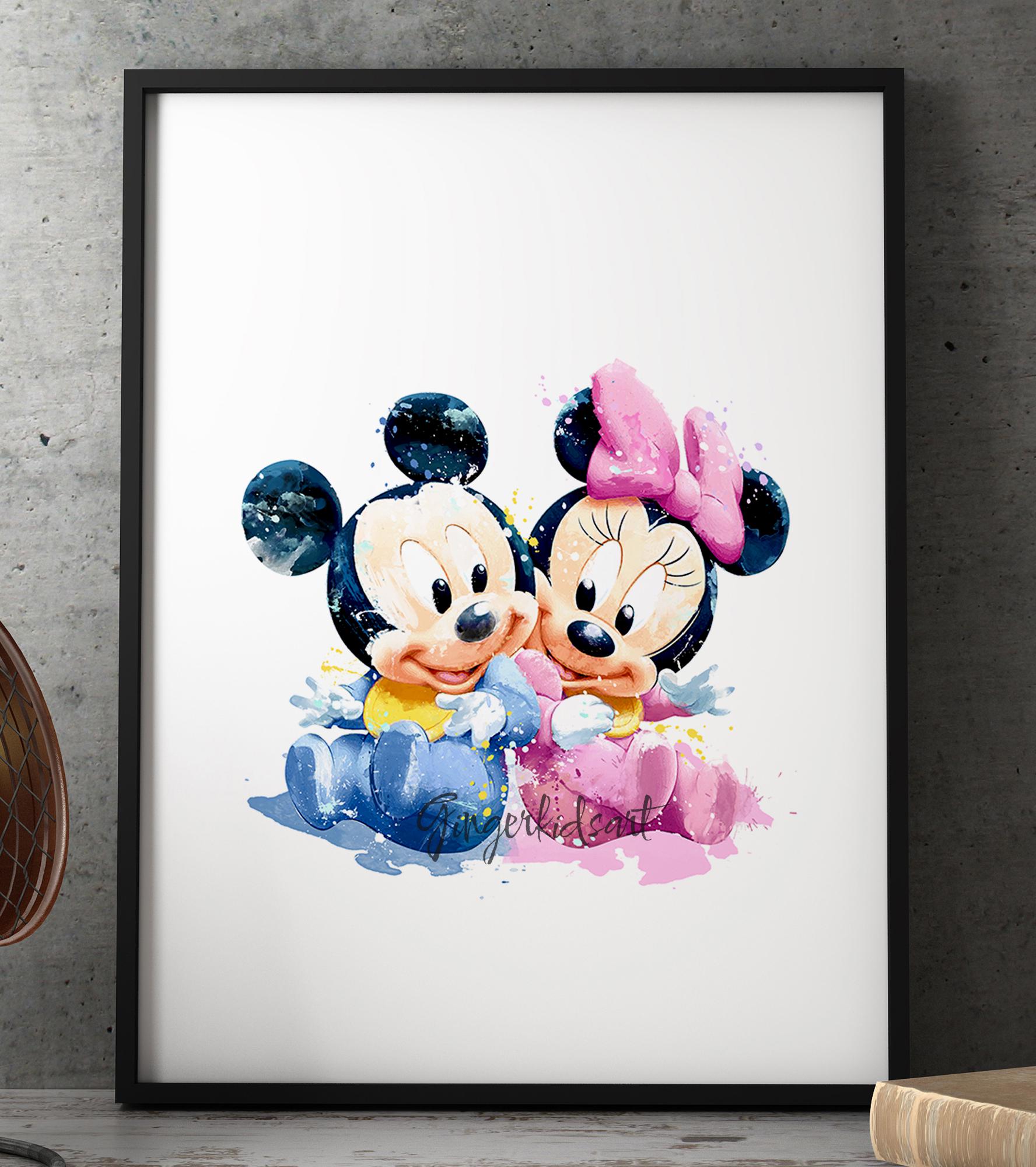 ベビーミッキーとミニーの水彩画アートプリント：子供部屋の装飾