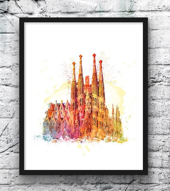 Sagrada Familia Watercolor Print Skyline Travel Spain | Etsy