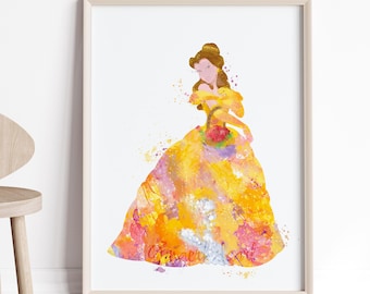 May include: A watercolor painting of Belle from Disney's Beauty and the Beast. She is wearing a yellow gown with a pink and purple floral pattern. The background is a white watercolor wash.