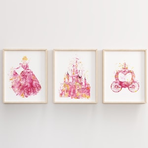 Cenicienta, Princesa, Acuarela, Impresión artística, Castillo, Carruaje, Rosa, Póster de película, Niña, Decoración de habitación infantil, Decoración de guardería, Arte de pared - 71-1-2
