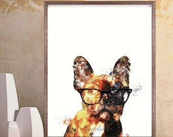 Watercolor French Bulldog Print: Frenchie Dog Art with Glasses