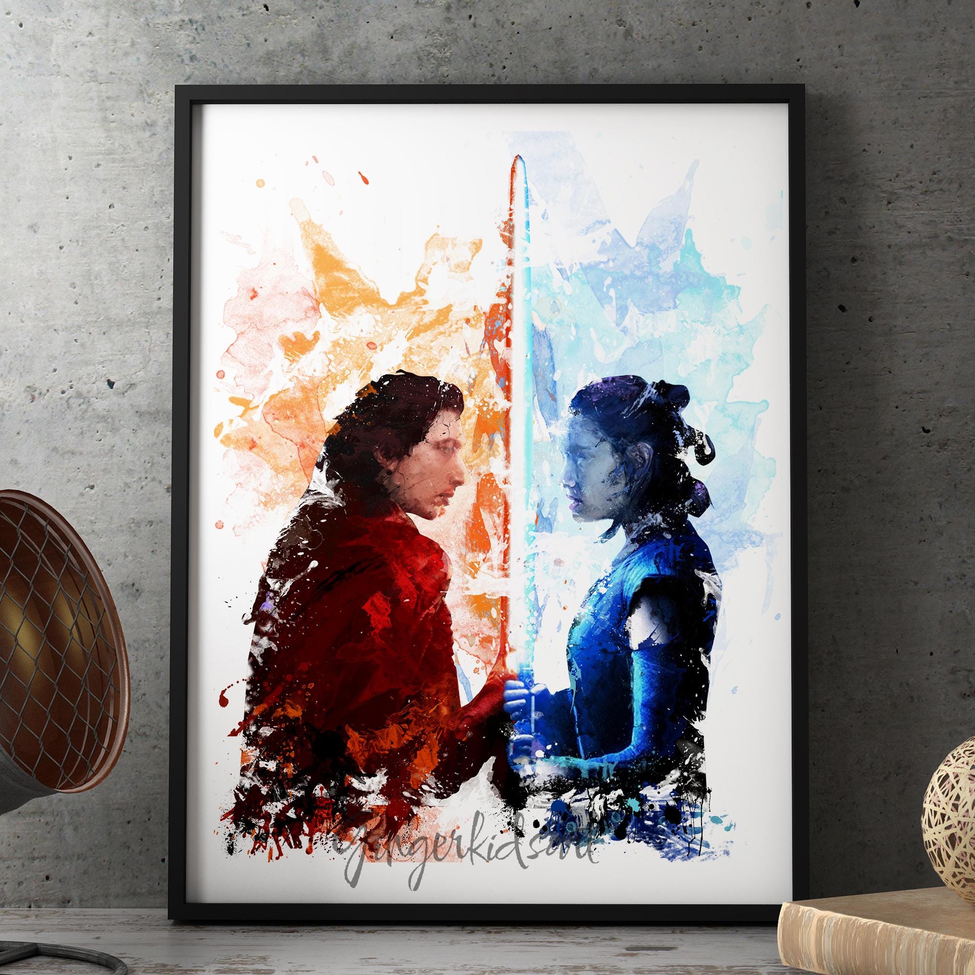 スター・ウォーズ 水彩画アートプリント：レイ、カイロ・レン、ダース