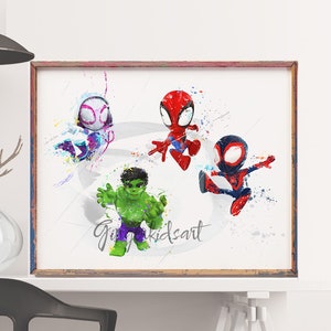 Bebé superhéroe, bebé Spiderman, impresión de acuarela, superhéroe, cartel de película, Vengadores, guardería, arte de la pared, baby shower, decoración de la habitación de los niños