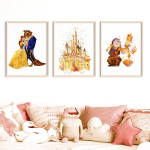 Beauty And The Beast, Watercolor, Art Print, Princess Belle, Beast, Castle, Movie Poster, Wall Art, Kids Room Decor