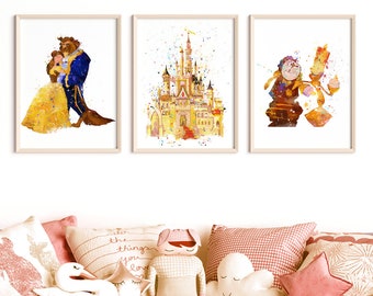 Beauty And The Beast, Watercolor, Art Print, Princess Belle, Beast, Castle, Movie Poster, Wall Art, Kids Room Decor
