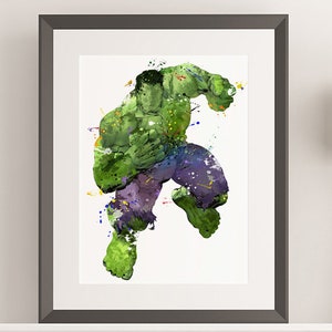 May include: A watercolor painting of the Hulk, a green superhero, in a dynamic pose with splashes of color around him.