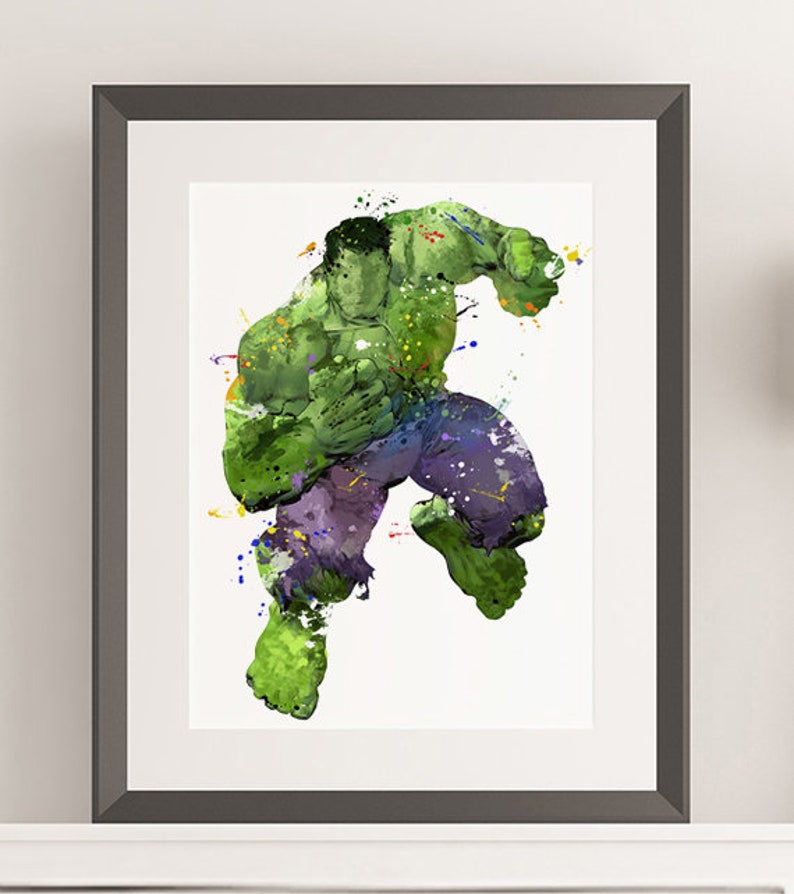 May include: A watercolor painting of the Hulk, a green superhero, in a dynamic pose with splashes of color around him.