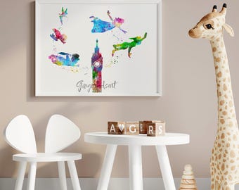 Peter Pan Watercolor Art Print, Nursery Decor, Kids Room