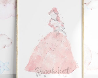 Lámina artística de Bella en acuarela, póster de película de Disney, decoración para habitación infantil de niña.
