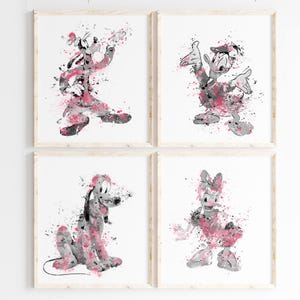 Mickey Mouse Watercolor Set, Castle Art Print, Minnie Mouse, Daisy, Donald Duck, Movie Poster, Nursery, Kids Room Decor, Wall Art