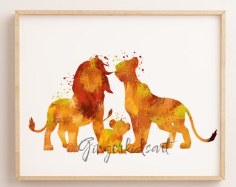 Simba Mufasa and Nala, The Lion King Watercolor Art Print, Wall Art Poster, Family Home Decor, Kids Room Decor, Nursery Art, Gift  - 259