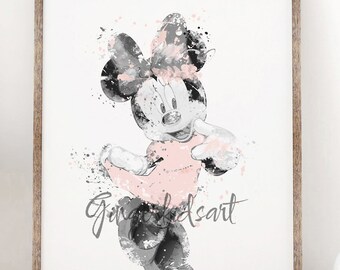 Minnie Mouse, Watercolor, Art Print, Minnie, Mickey Mouse, Movie Poster, Baby Girl Nursery, Wall Art, Nursery Decor, Kids Room Decor 767N