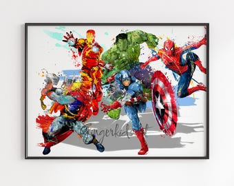 Akwarelowy wydruk Avengers: dekoracja pokoju dziecięcego z superbohaterami