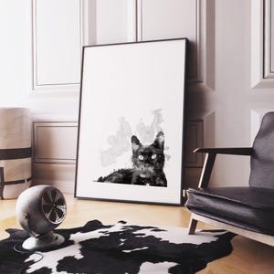 May include: Black and white watercolor painting of a cat with a gray background. The cat is looking directly at the viewer.