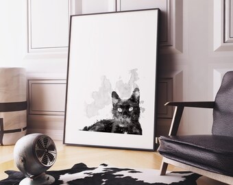 Stampa artistica ad acquerello di gatto nero: regalo per gli amanti dei gatti 954-1