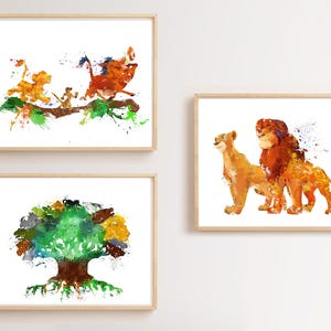 Il Re Leone, Acquerello, Stampa artistica, Albero della vita, Simba, Nala, Poster del film, Hakuna Matata, Baby shower, Decorazione per la cameretta dei bambini