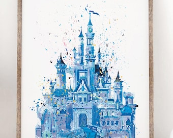 Blue Disney Castle Watercolor Art Print, Nursery Decor