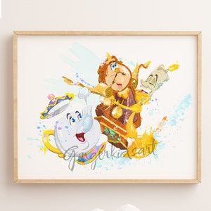 La bella y la bestia acuarela impresión, Chip, Sra. Pott, Lumiere Cogsworth, impresión de arte, cartel de película, arte de la pared, arte de la guardería, decoración de la habitación de los niños
