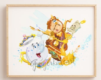 May include: A watercolor illustration of characters from the Disney movie Beauty and the Beast. The characters are Cogsworth the clock, Lumiere the candlestick, and Mrs. Potts the teapot. The illustration is set against a white background with blue, yellow, and orange watercolor splatters.
