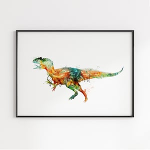 Allosaurus Watercolor Print, Dinosaur Art, Movie Poster, Jurassic Park, T-Rex, Fossil Wall Art, Kids Room Decor, Nursery Decor - 990