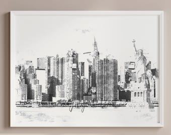 New York Skyline Watercolor Print Empire State Building, Statue of Liberty 1178-1