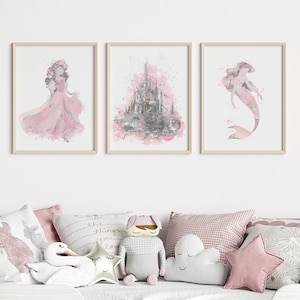 Ariel acuarela conjunto, princesa, sirenita, Ariel, castillo, impresión de arte, arte de la pared de la sirena, decoración de la sirena, decoración de la habitación de los niños, decoración de la guardería
