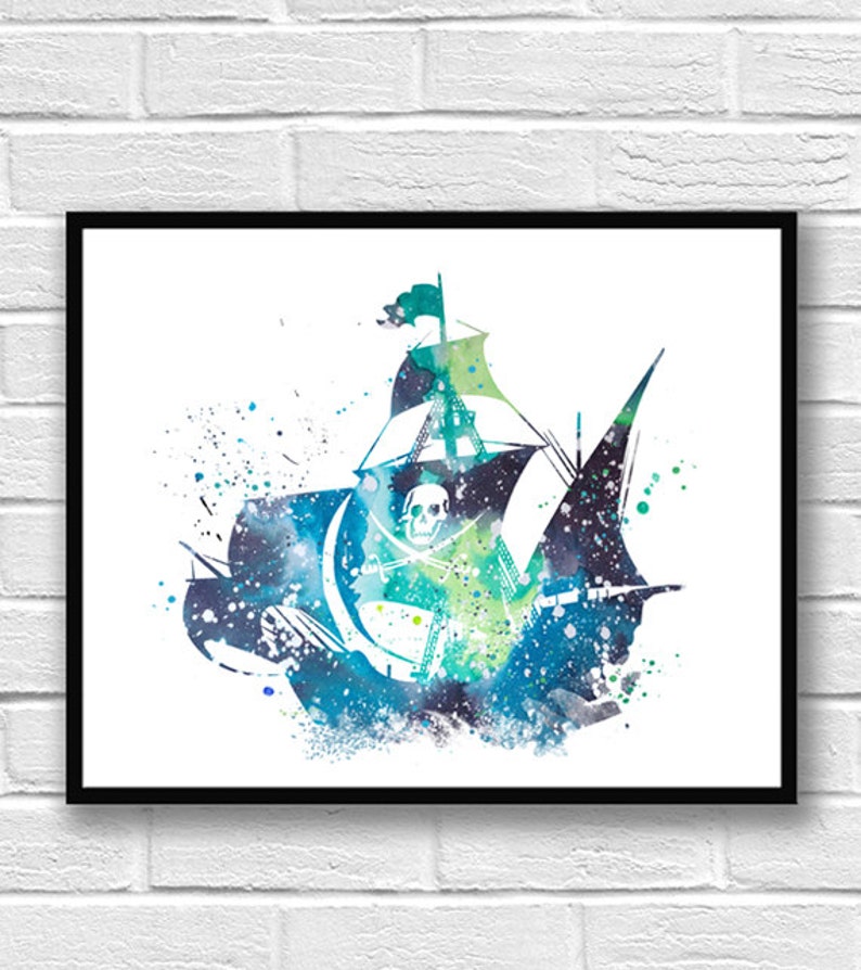 Pirate Ship Watercolor Print, Pirates of the Caribbean, Watercolor Art, Nursery Poster, Kids Room Decor, Home Decor, Wall Decor 389 image 1