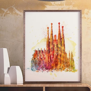 Sagrada Familia, Watercolor Print, Skyline, Travel, Spain, Barcelona, Gaudi, Barcelona Print, Architecture, Wall Art, Home Decor - 906-1