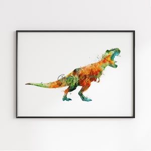 T Rex Watercolor Print, Dinosaur Art, Movie Poster, Jurassic Park, T-Rex, Fossil, Wall Art, Kids Room Decor, Nursery Decor - 991