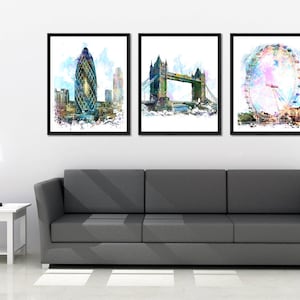 London Print, Watercolor, Art Print, Poster, Ferris Wheel, Skyline, UK, England, Travel, Home Decor, Wall Art