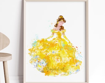 Princess Belle Watercolor Print: Beauty and the Beast Nursery Art 736