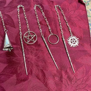Silvertone Dowsing Wand 17"  Pendulum - Pentacle- Ring- Sunburst Pentacle - Your Choice