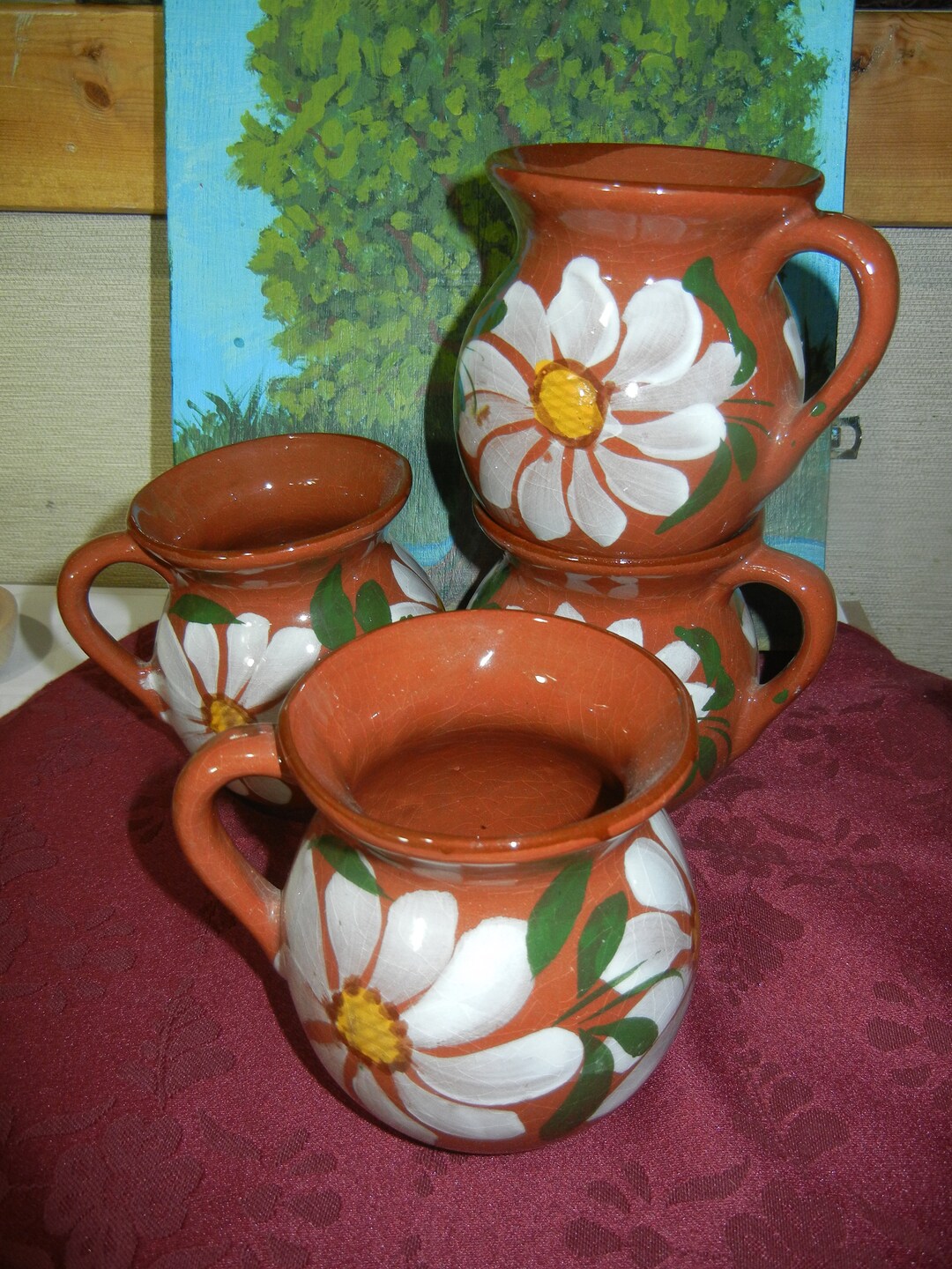 Set FOUR Tlaquepaque Mexican Ceramic Jarritos Coffee Floral Etsy