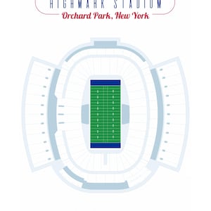 Può includere: Una vista aerea dell'Highmark Stadium, uno stadio di football ad Orchard Park, New York. Lo stadio è bianco con un campo verde e zone finali blu. Il testo "HIGHMARK STADIUM" e "Orchard Park, New York" è nella parte superiore dell'immagine. Il testo "EST. 1973" è nella parte inferiore dell'immagine.
