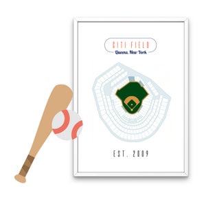 Mets de New York, carte du stade Citi Field, téléchargement numérique, art des fans de baseball, Queens, NY, homme des cavernes, cadeau pour papa